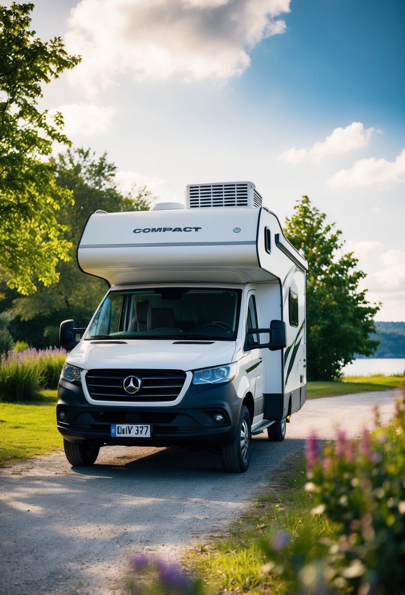 A compact RV parked in a scenic campground, with a 12v air conditioner mounted on the roof. Sunny weather and lush surroundings