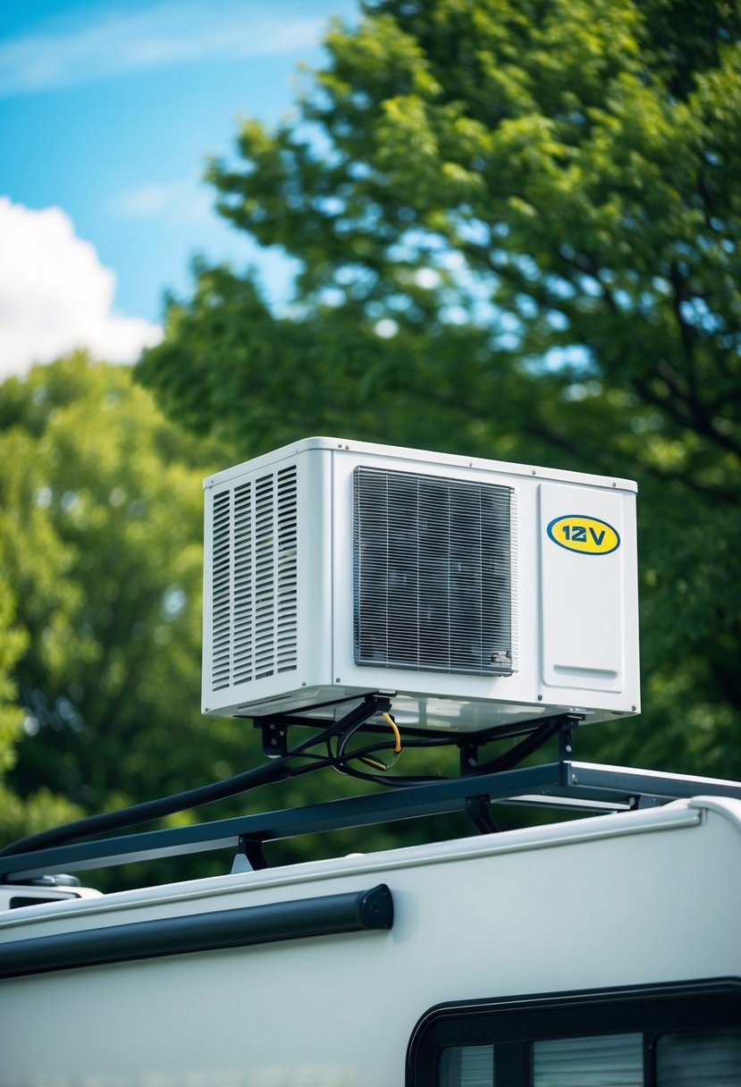 A sleek and modern 12v RV air conditioner unit installed on the roof of a recreational vehicle, surrounded by a clear blue sky and lush green trees