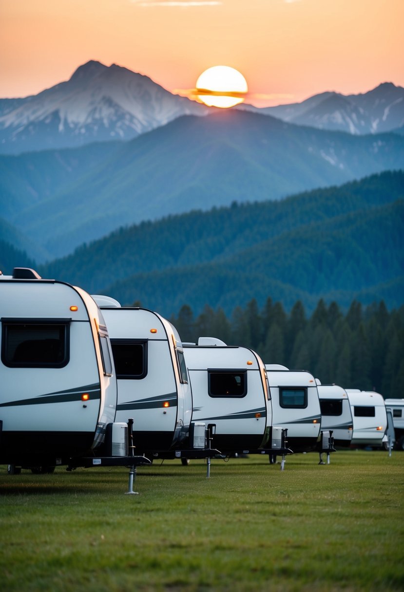 A row of sleek, modern travel trailers lined up against a backdrop of mountains and forests, with the sun setting in the distance