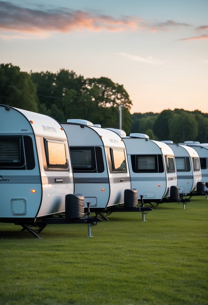 A row of 8 sleek, modern travel trailers lined up in a grassy campground, each with unique branding and design features