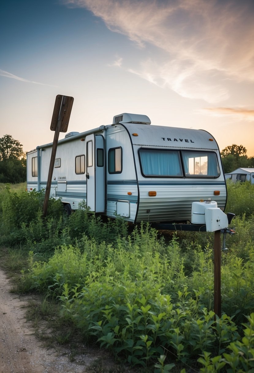 A run-down travel trailer surrounded by overgrown weeds and a broken sign