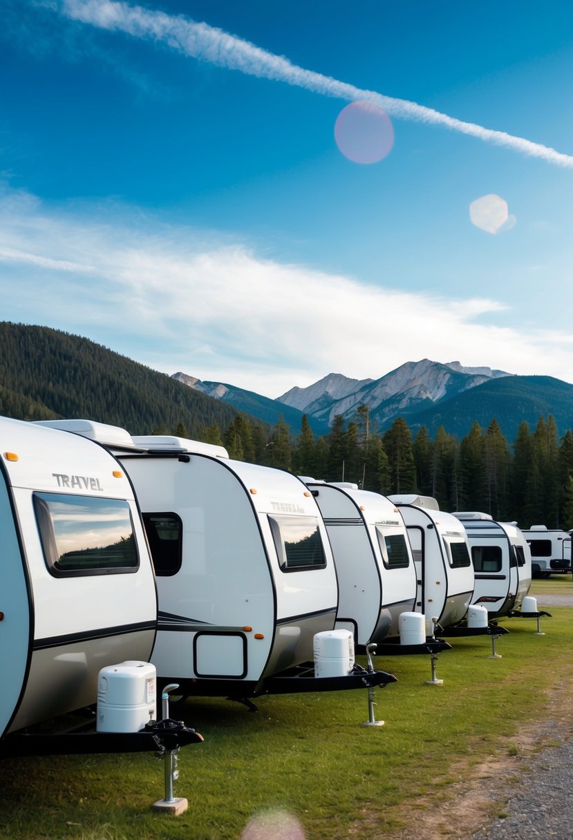 A lineup of sleek, modern travel trailers against a scenic backdrop of mountains and forests, with clear blue skies overhead