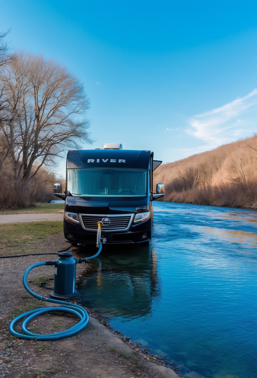 A clear, blue sky with a shiny RV parked near a tranquil river, with a water pump connected to a hose