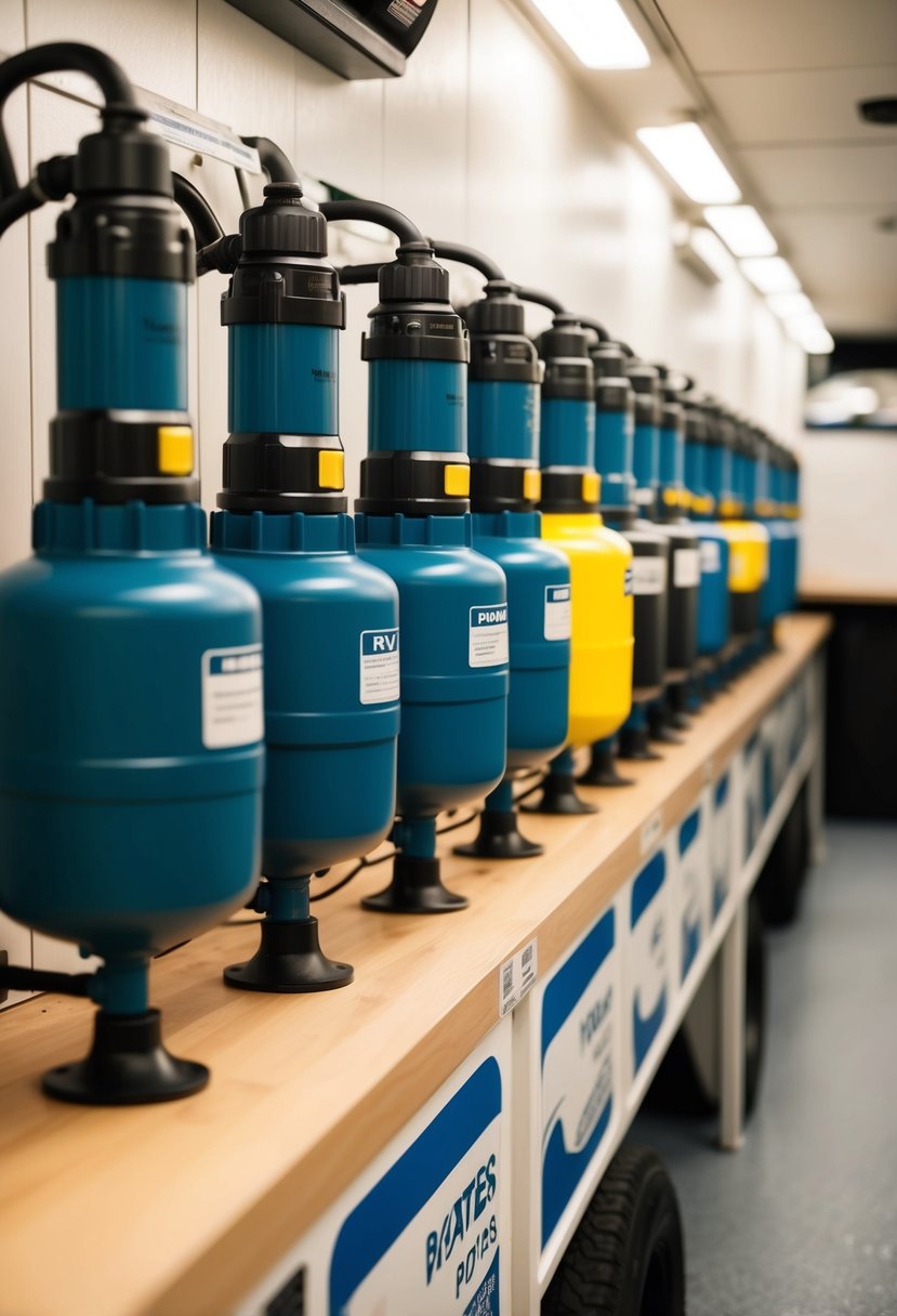 A row of 7 different RV water pumps lined up on a shelf, each with a unique design and labeling