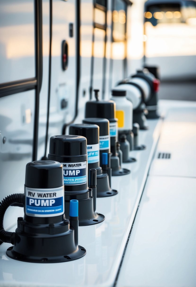 A row of 7 different RV water pumps lined up on a clean, white background, each with its own unique design and features