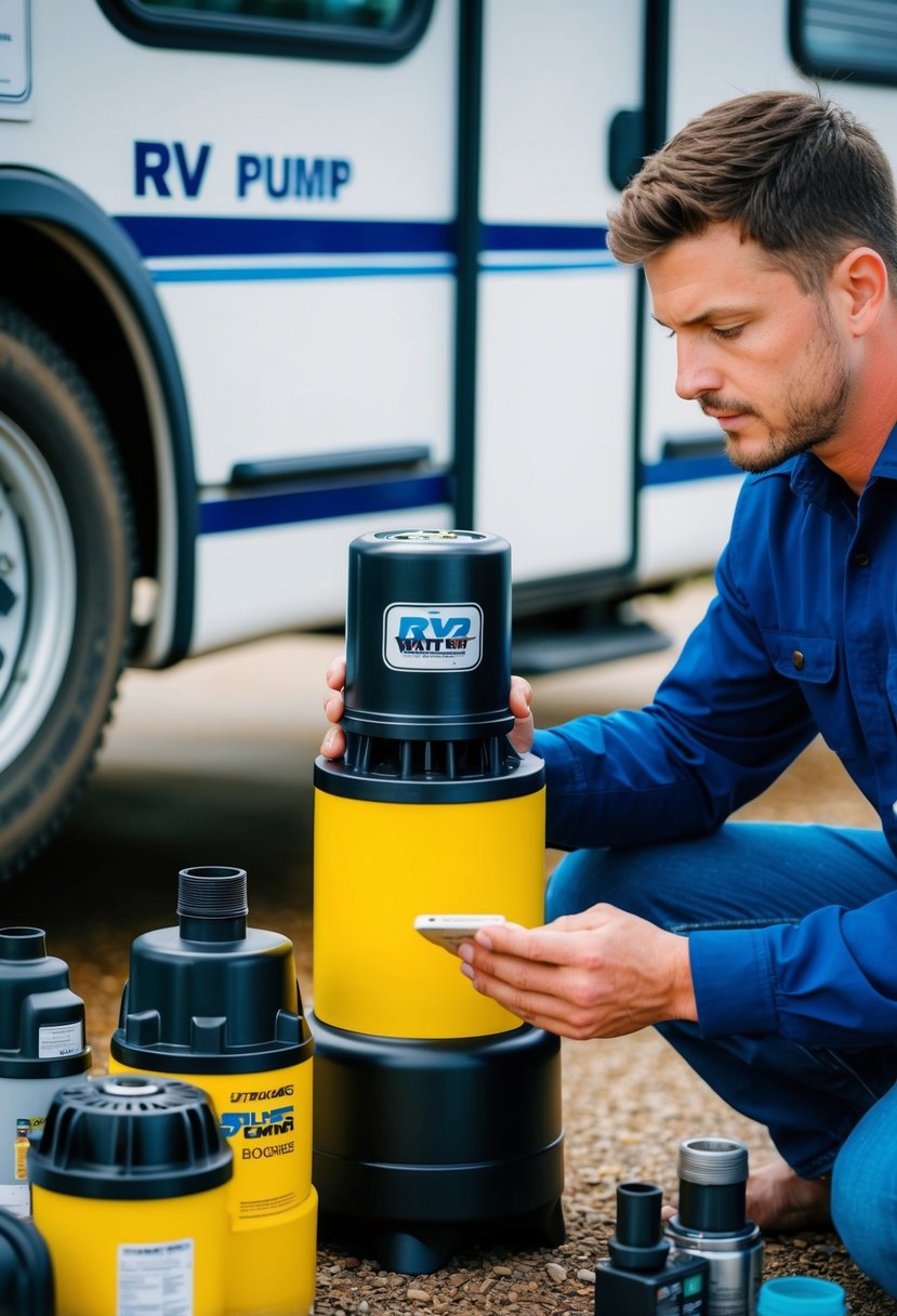 A person inspecting a new RV water pump, comparing features and specifications, surrounded by various pump models and accessories