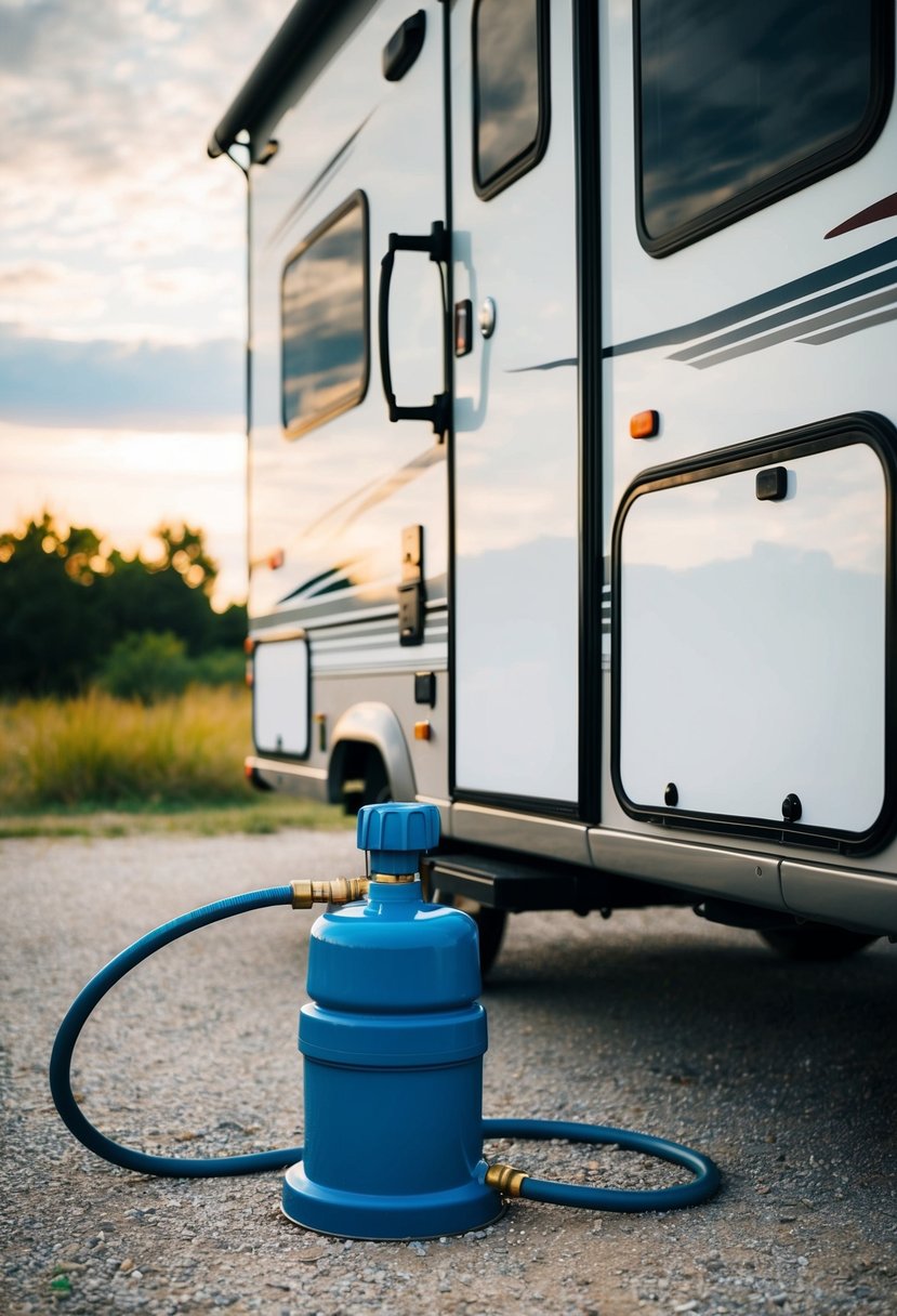 A recreational vehicle parked at a campsite, with a water pump connected to a hose and supplying water to the RV's interior