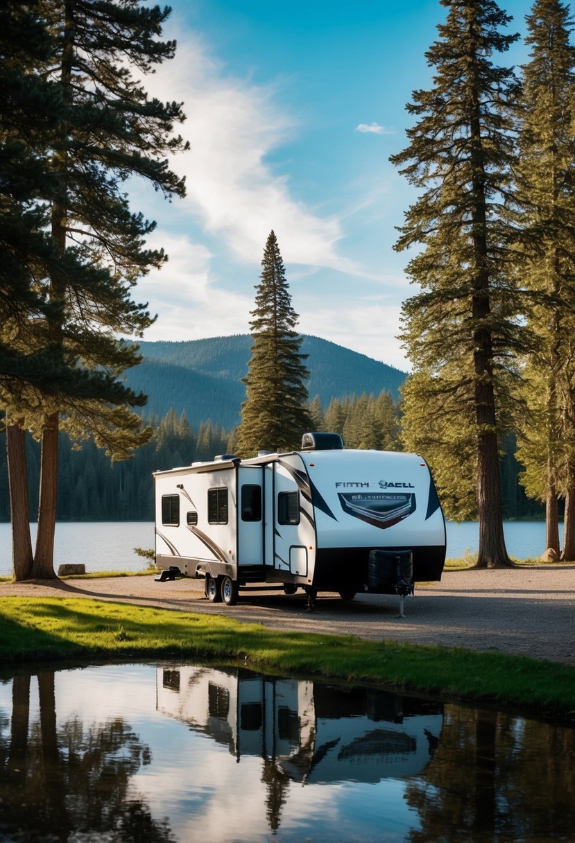 A spacious fifth wheel RV parked in a scenic campground, surrounded by tall trees and a tranquil lake