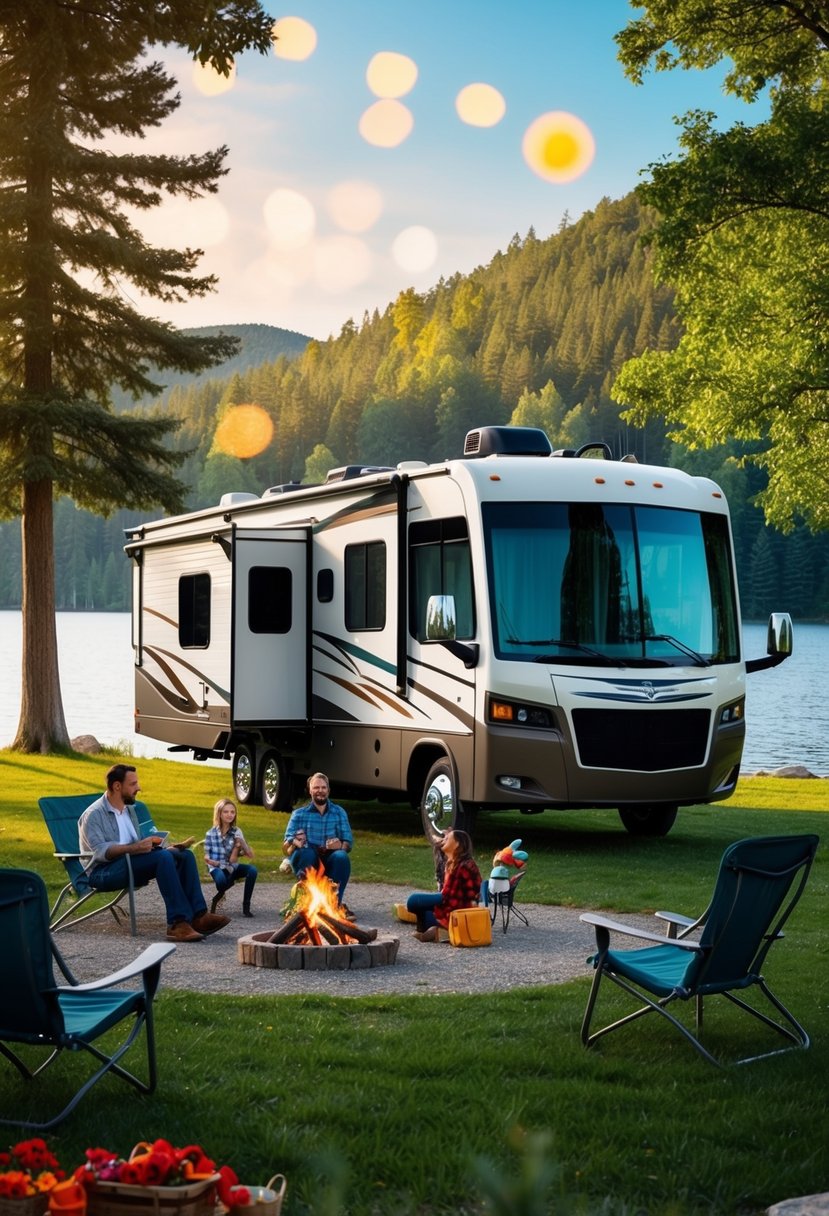 A spacious fifth wheel RV parked in a scenic campground, surrounded by lush trees and a serene lake, with a family enjoying a campfire outside