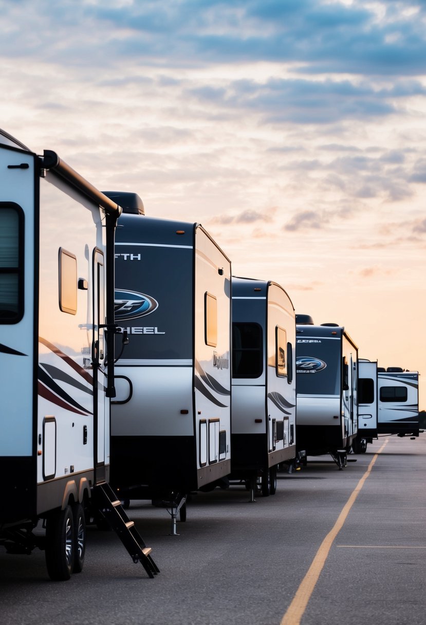 A lineup of 10 top fifth wheel RVs, each branded with their respective logos, parked in a row on a spacious campground