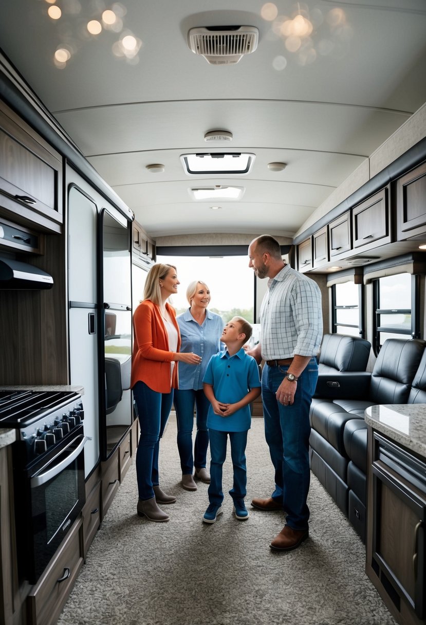 A family inspecting a spacious fifth wheel RV, surrounded by various models and sizes, with a salesperson pointing out features