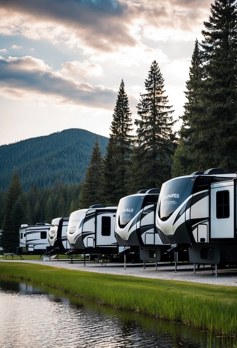 A row of luxurious fifth wheel RVs parked in a scenic campground, surrounded by towering trees and a tranquil lake