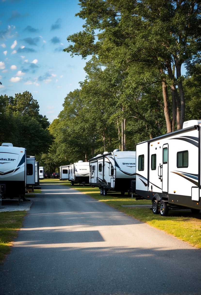 A row of fifth wheel RVs parked in a campground, surrounded by trees and a clear blue sky