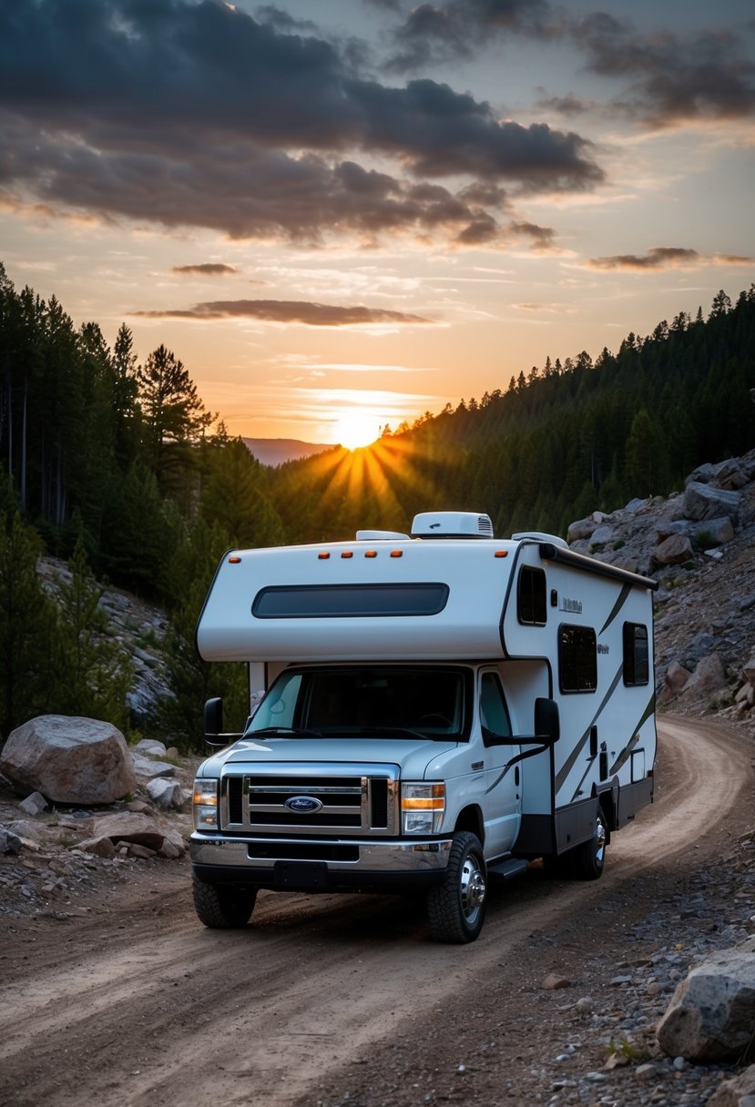 A rugged RV parked on a dirt road, surrounded by rocky terrain and dense forest, with the sun setting in the background