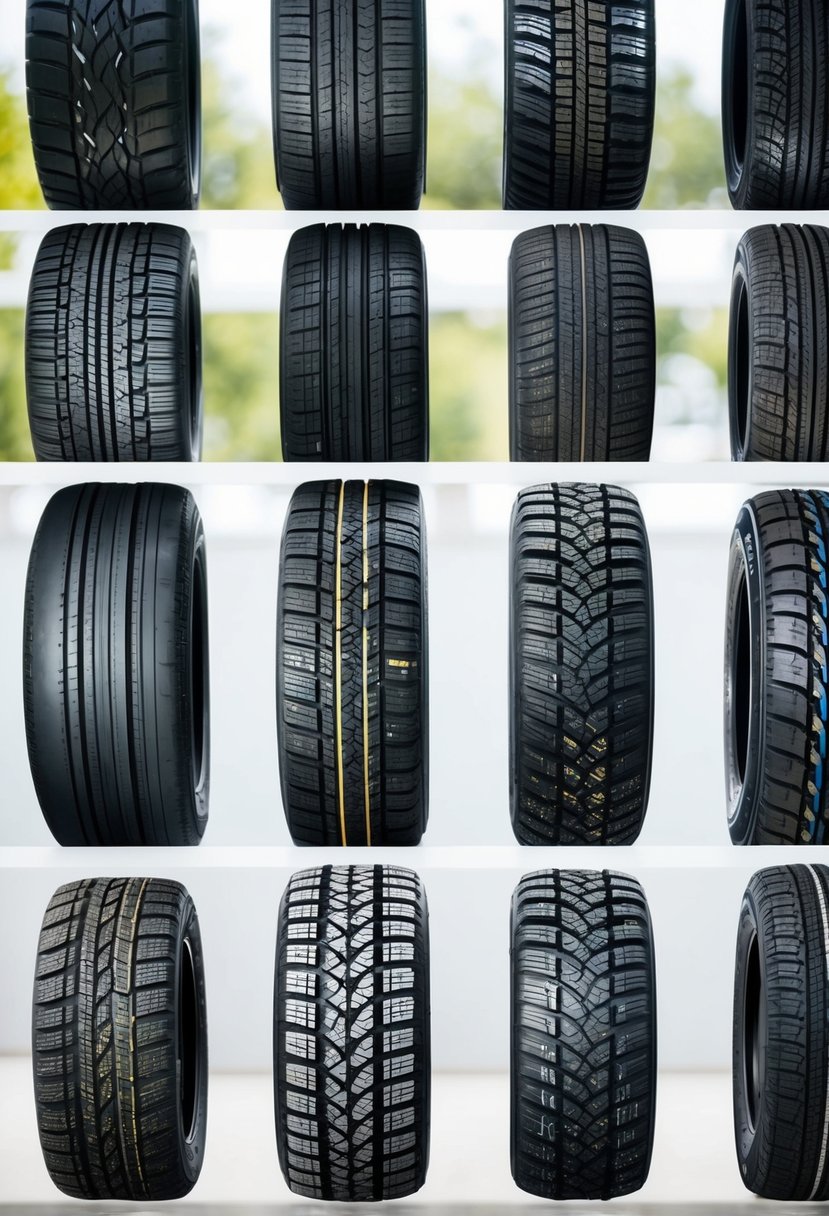 A lineup of 12 different RV tires arranged in a grid pattern, each with distinct tread patterns and sizes, against a clean white background