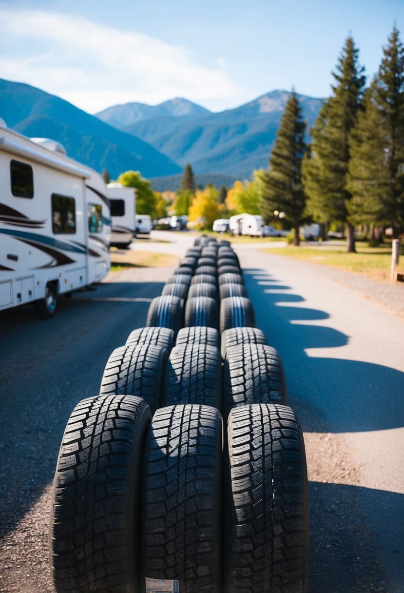 A row of 12 RV tires lined up against a backdrop of a scenic campground, with mountains in the distance and a clear blue sky above