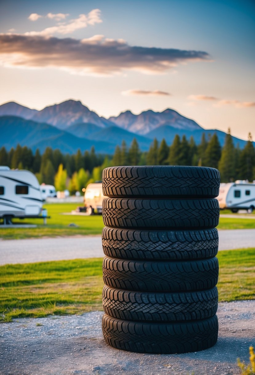 A stack of high-quality RV tires with a backdrop of scenic camping grounds and a mountain range in the distance