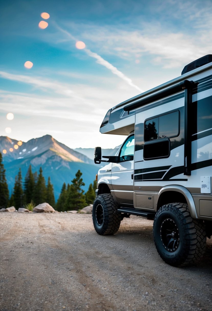 A rugged RV parked on a scenic mountain overlook, with a focus on the sturdy, reliable tires