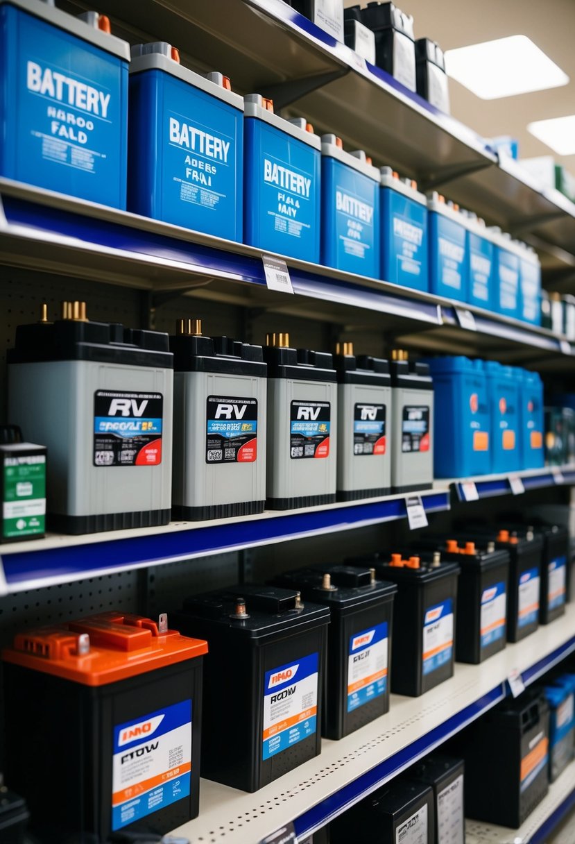 A row of RV batteries neatly arranged on a shelf, with various sizes and types displayed in a well-lit store