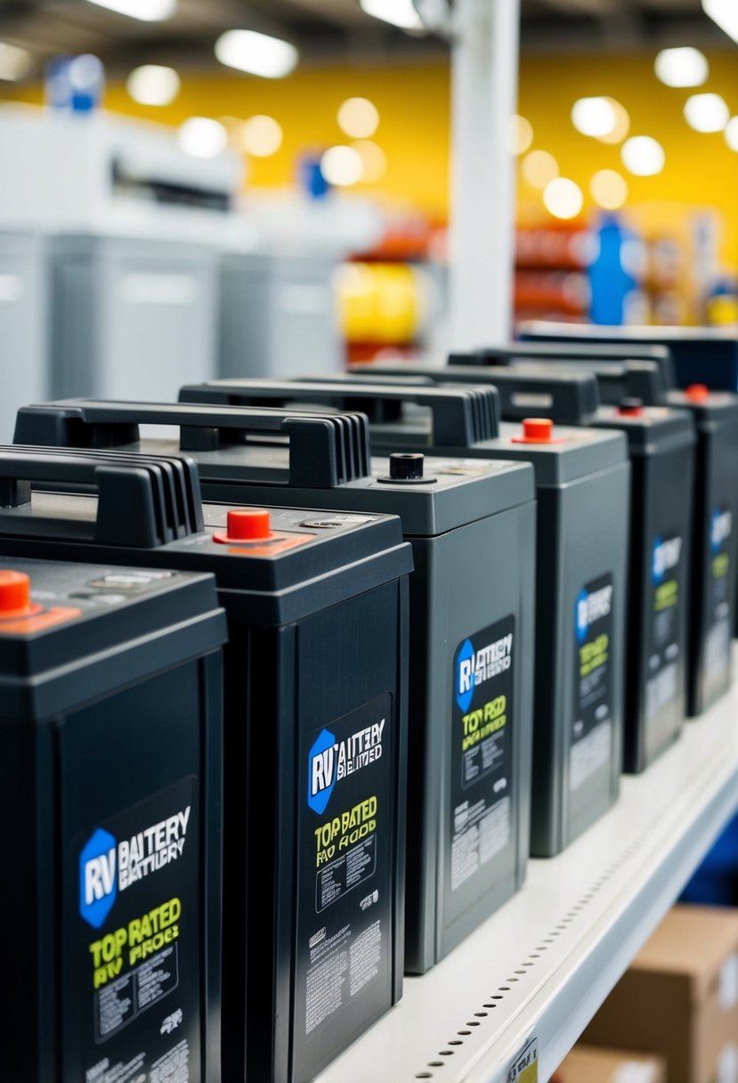 A row of 8 top-rated RV batteries displayed on a shelf with various sizes and power capacities