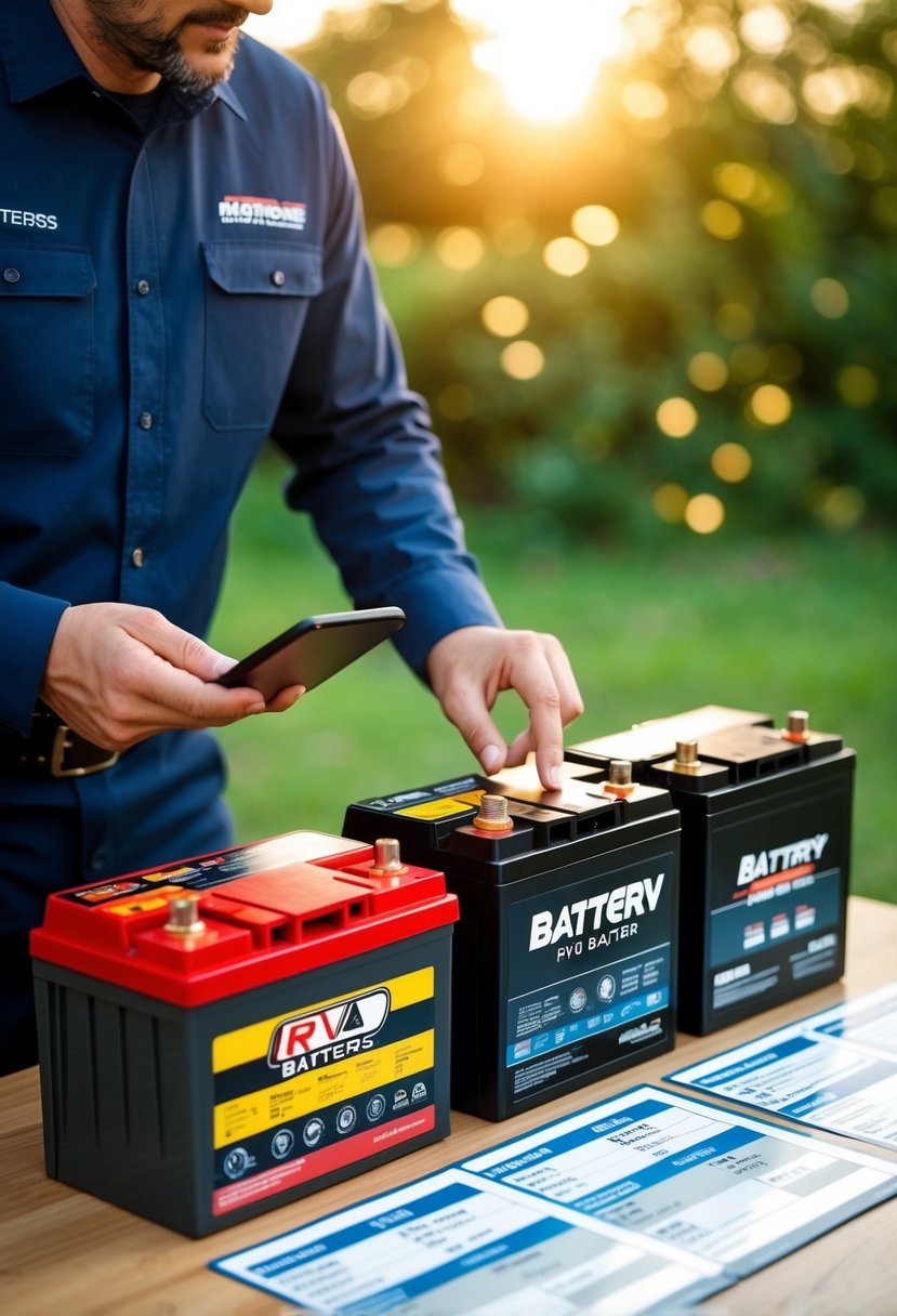 A person comparing different RV batteries on a table with various specifications and features displayed