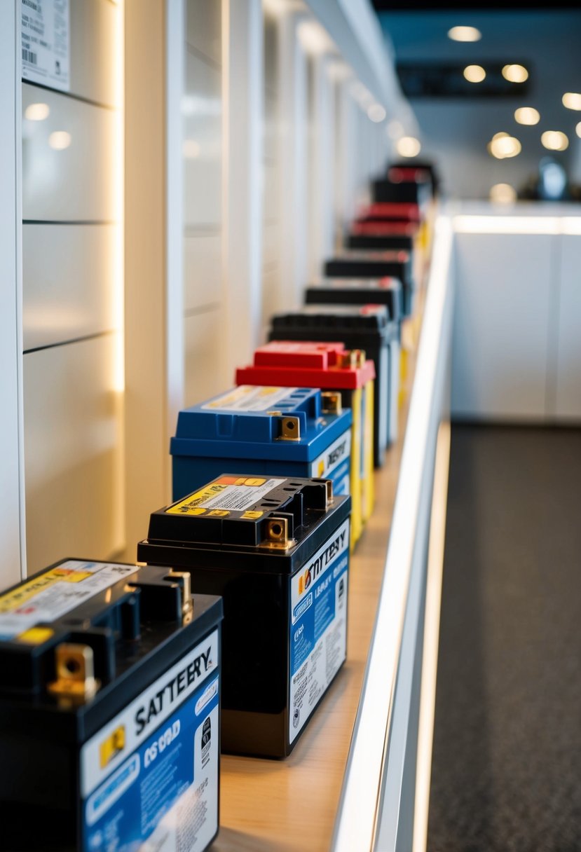 A row of 8 different RV batteries lined up on a clean, well-lit display shelf, each labeled with its brand and specifications