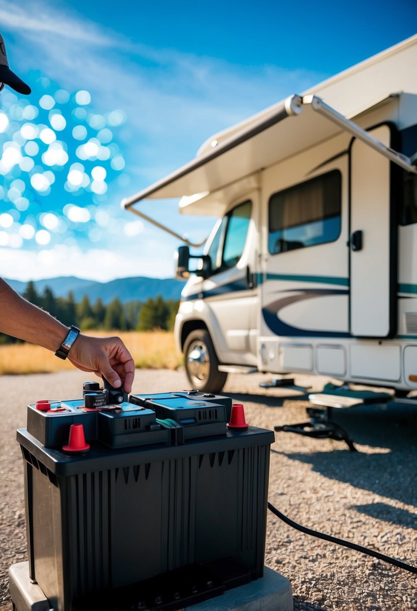 An RV parked in a scenic campground, with a battery being installed or replaced by a person