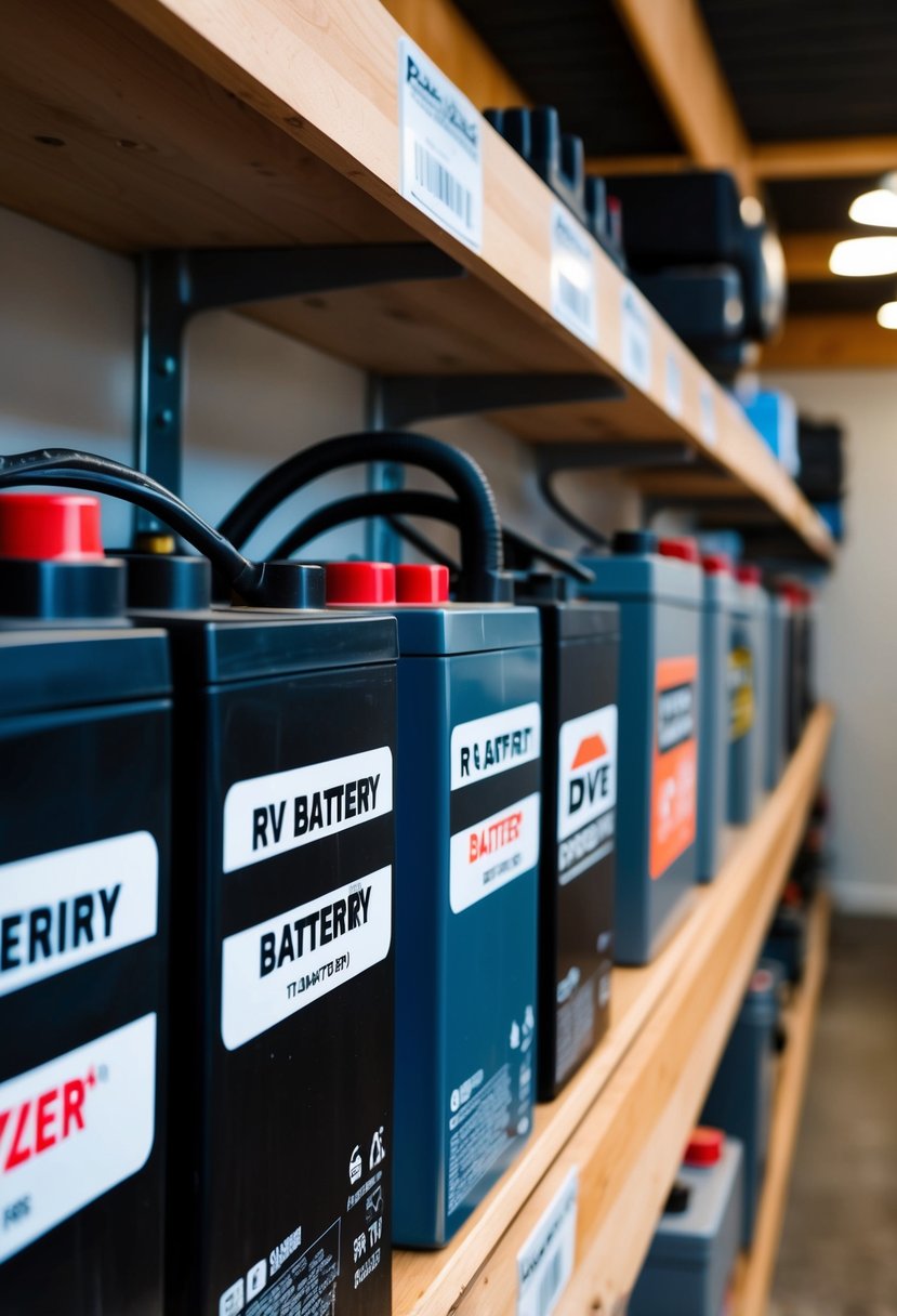 A row of RV batteries lined up on a shelf, with various brands and sizes displayed