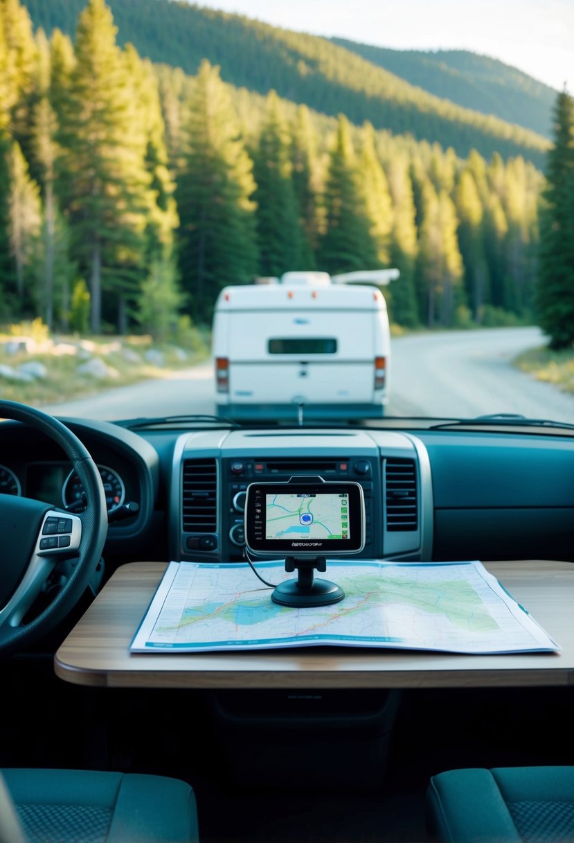 A recreational vehicle parked in a scenic campground, with a GPS device mounted on the dashboard and a map spread out on the table inside