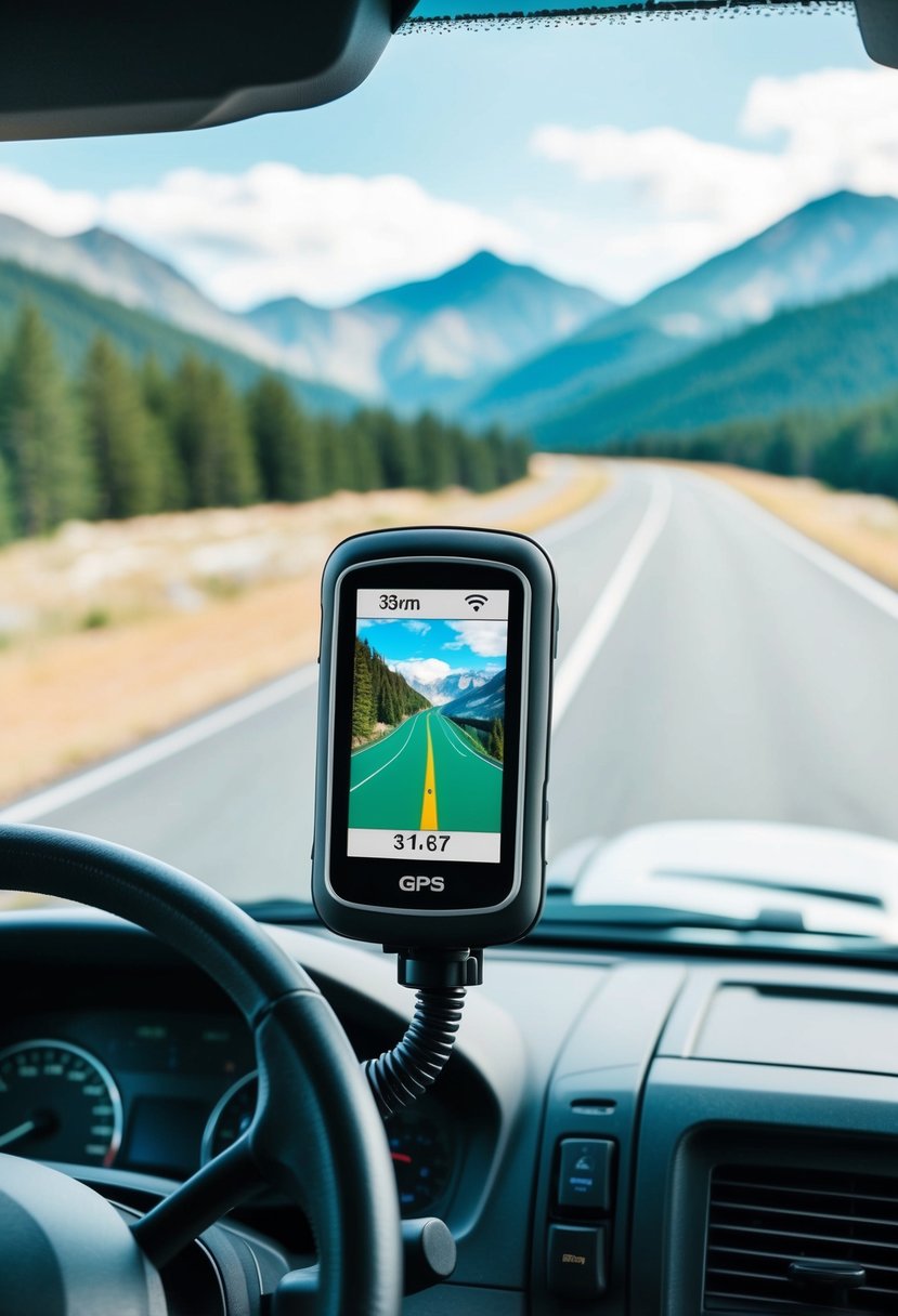 A GPS device mounted on an RV dashboard, with a scenic mountain road visible through the windshield