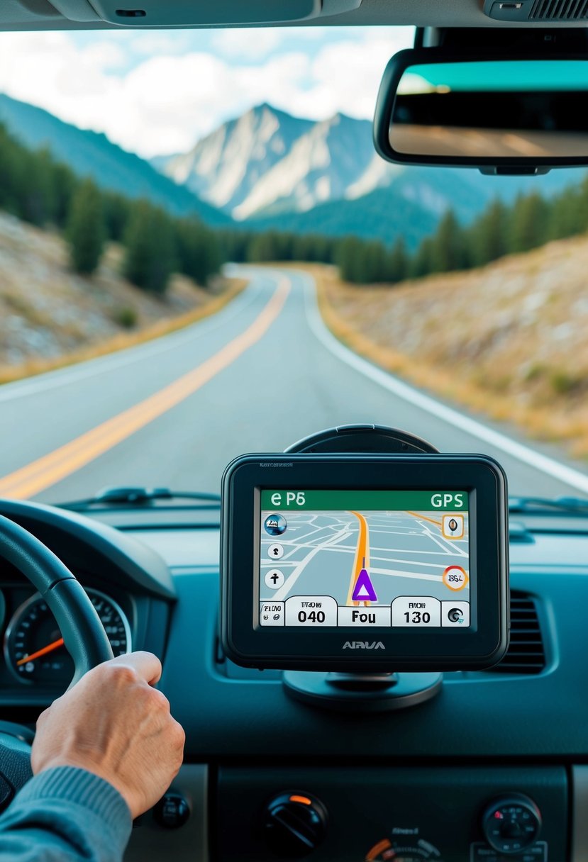 An RV GPS mounted on the dashboard, guiding a motorhome down a winding mountain road