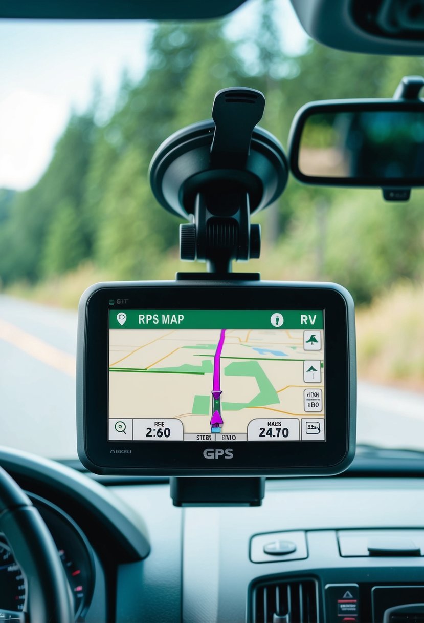 An RV GPS mounted on the dashboard, displaying a map with a highlighted route, surrounded by buttons and a clear screen