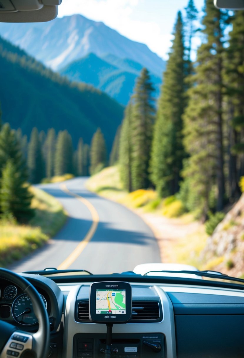 An RV parked at a scenic overlook, with a GPS device mounted on the dashboard. Forested mountains in the background