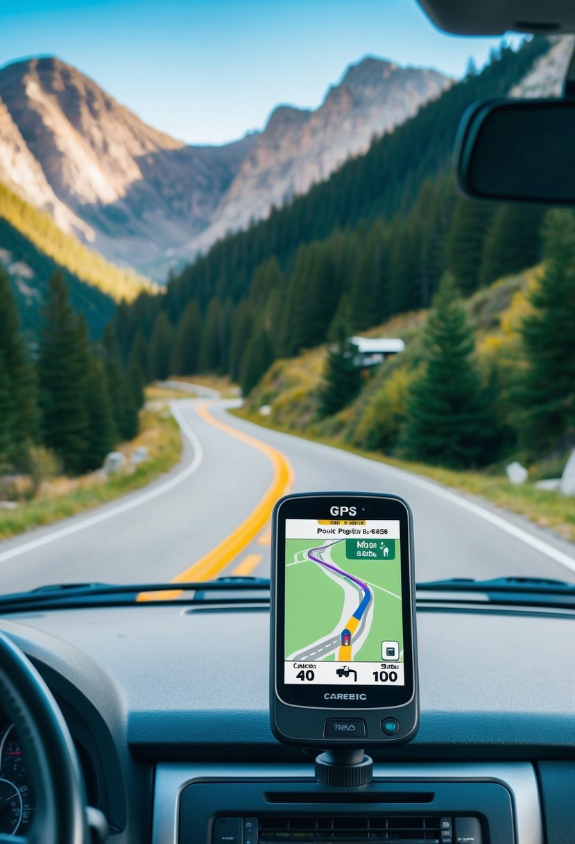 An RV parked in a scenic campground, with a GPS device mounted on the dashboard, displaying the route on a winding mountain road