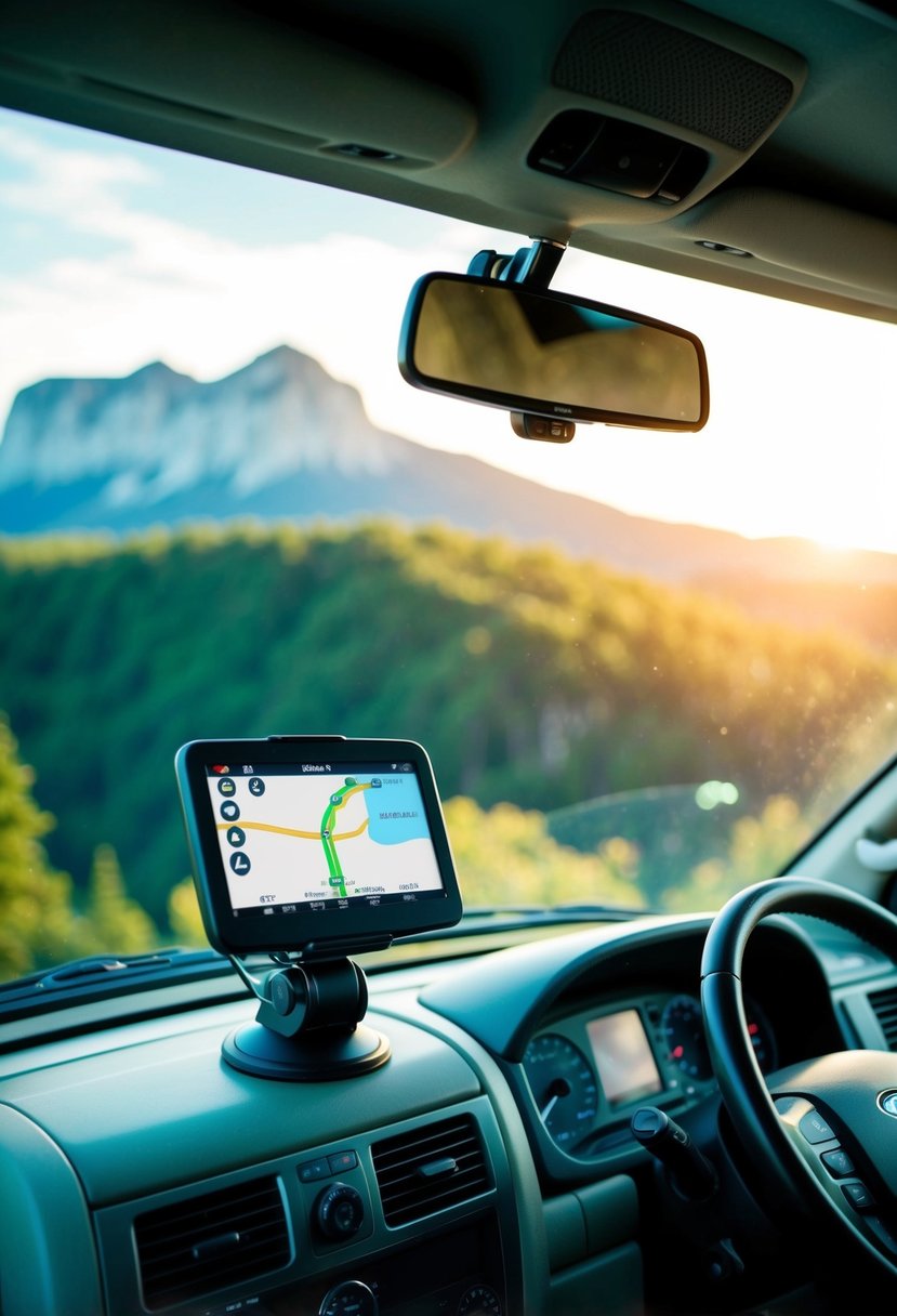 An RV parked at a scenic overlook with a GPS device mounted on the dashboard