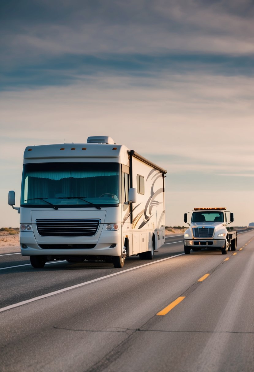 A broken-down RV on the side of a deserted highway, with a tow truck arriving to provide roadside assistance