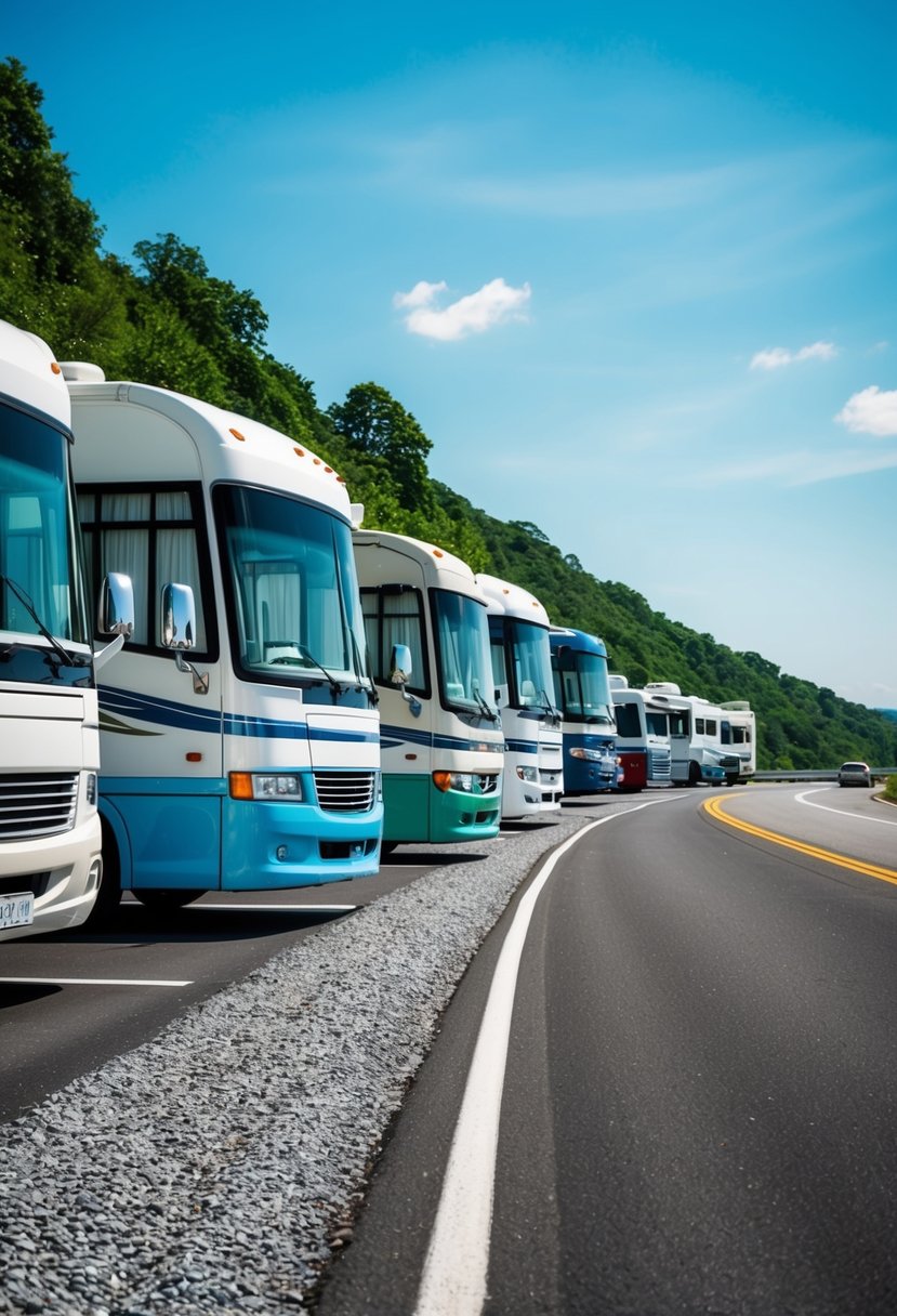 A row of colorful RVs parked on the side of a scenic highway, with a bright blue sky and lush green trees in the background