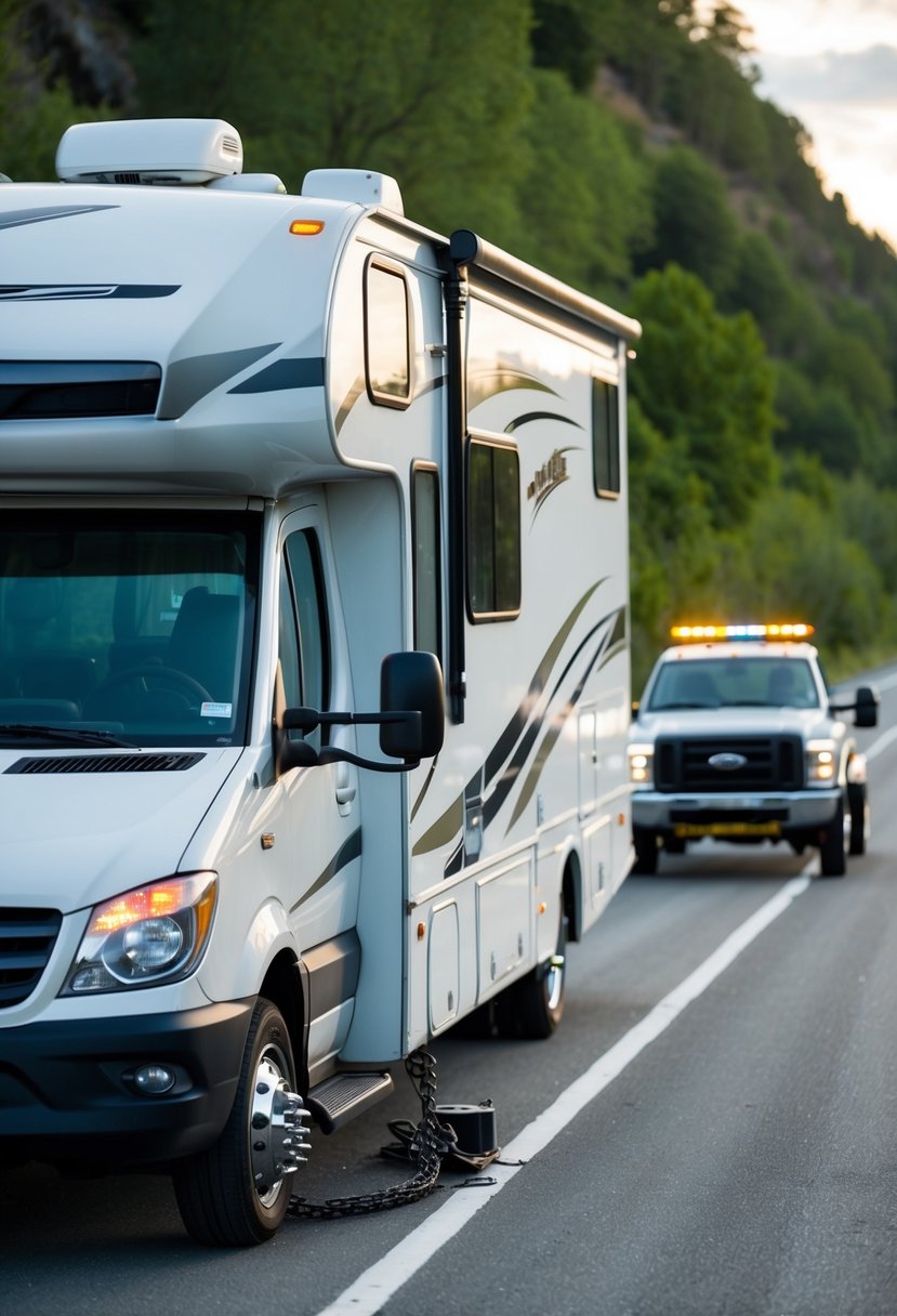 An RV broken down on the side of the road, with a tow truck arriving to provide assistance