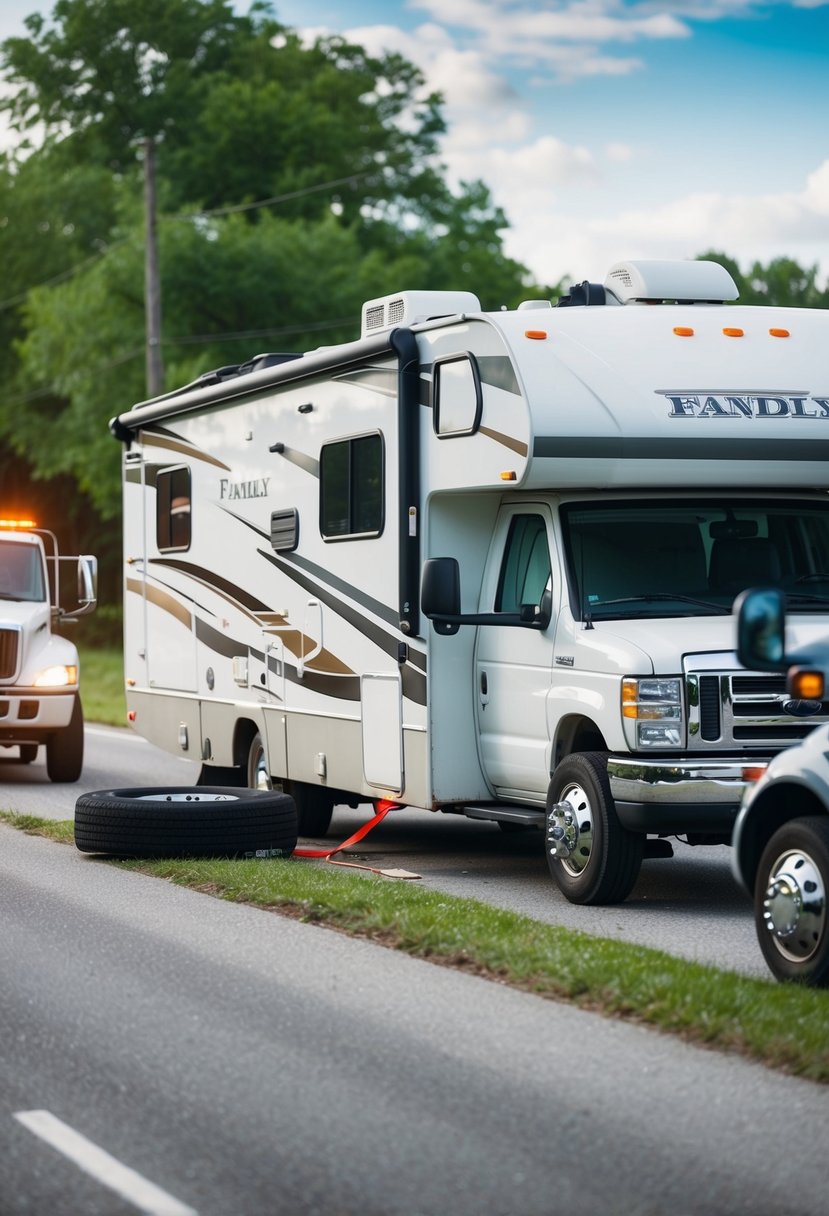 A family RV parked on the side of the road with a flat tire, while a tow truck arrives to provide assistance