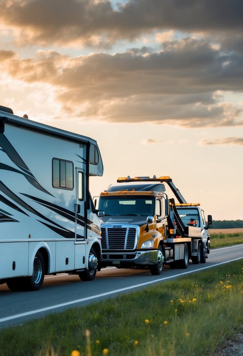 A broken-down RV on the side of a rural highway, with a tow truck arriving to assist