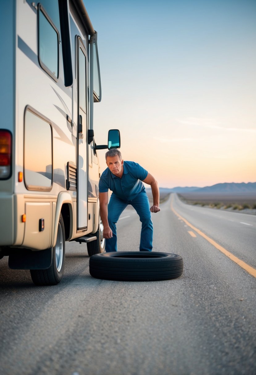 A broken-down RV on the side of a deserted road, with a flat tire and the driver looking frustrated