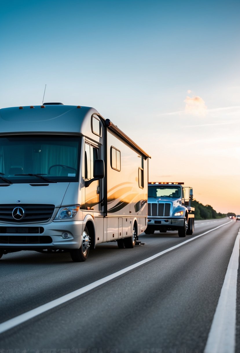 A broken-down RV on the side of a highway, with a tow truck arriving to provide roadside assistance