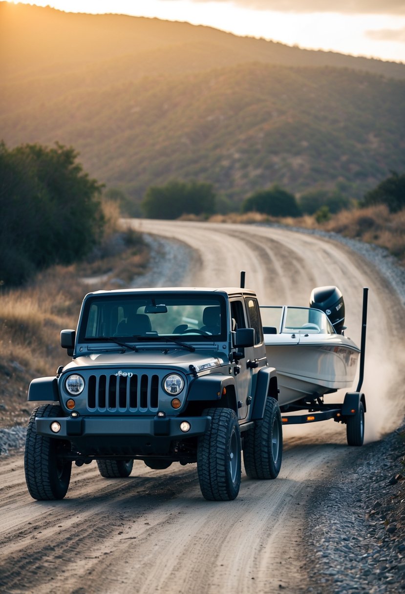 A Jeep Wrangler towing a large boat on a trailer down a rugged dirt road