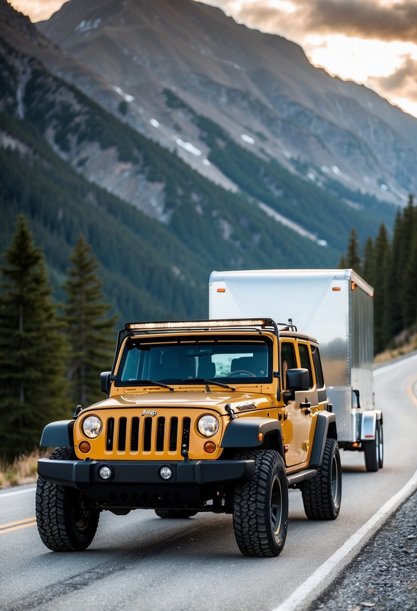 A Jeep Wrangler towing a heavy trailer up a steep mountain road