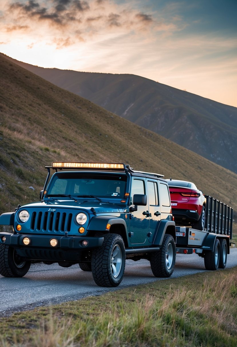 A Jeep Wrangler towing a heavy load up a steep hill