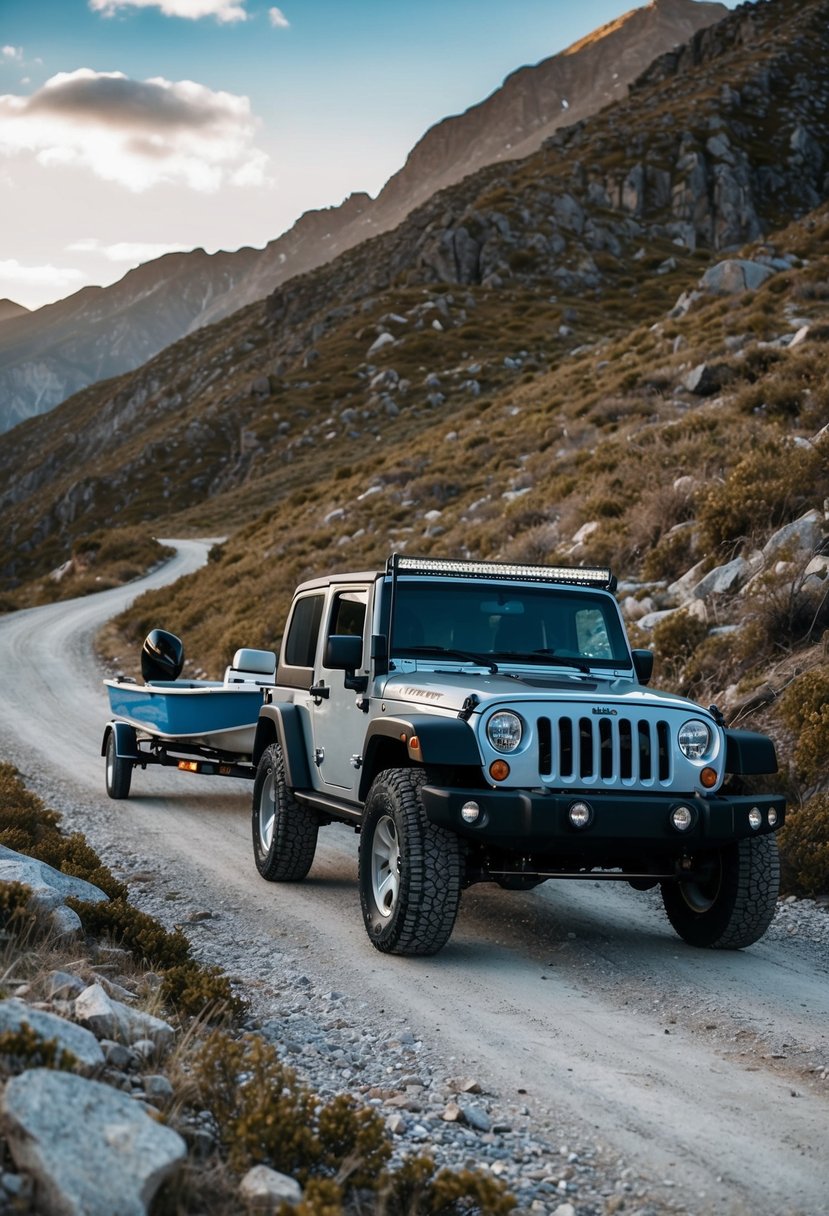 A Jeep Wrangler towing a small boat on a trailer through a rugged mountainous terrain