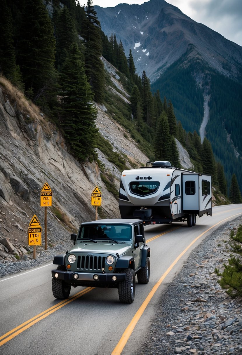 A Jeep Wrangler towing an RV up a steep mountain road, with caution signs and weight limit signs posted along the way