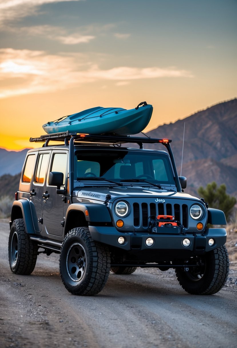 A Jeep Wrangler towing a trailer with camping gear and a kayak strapped to the roof