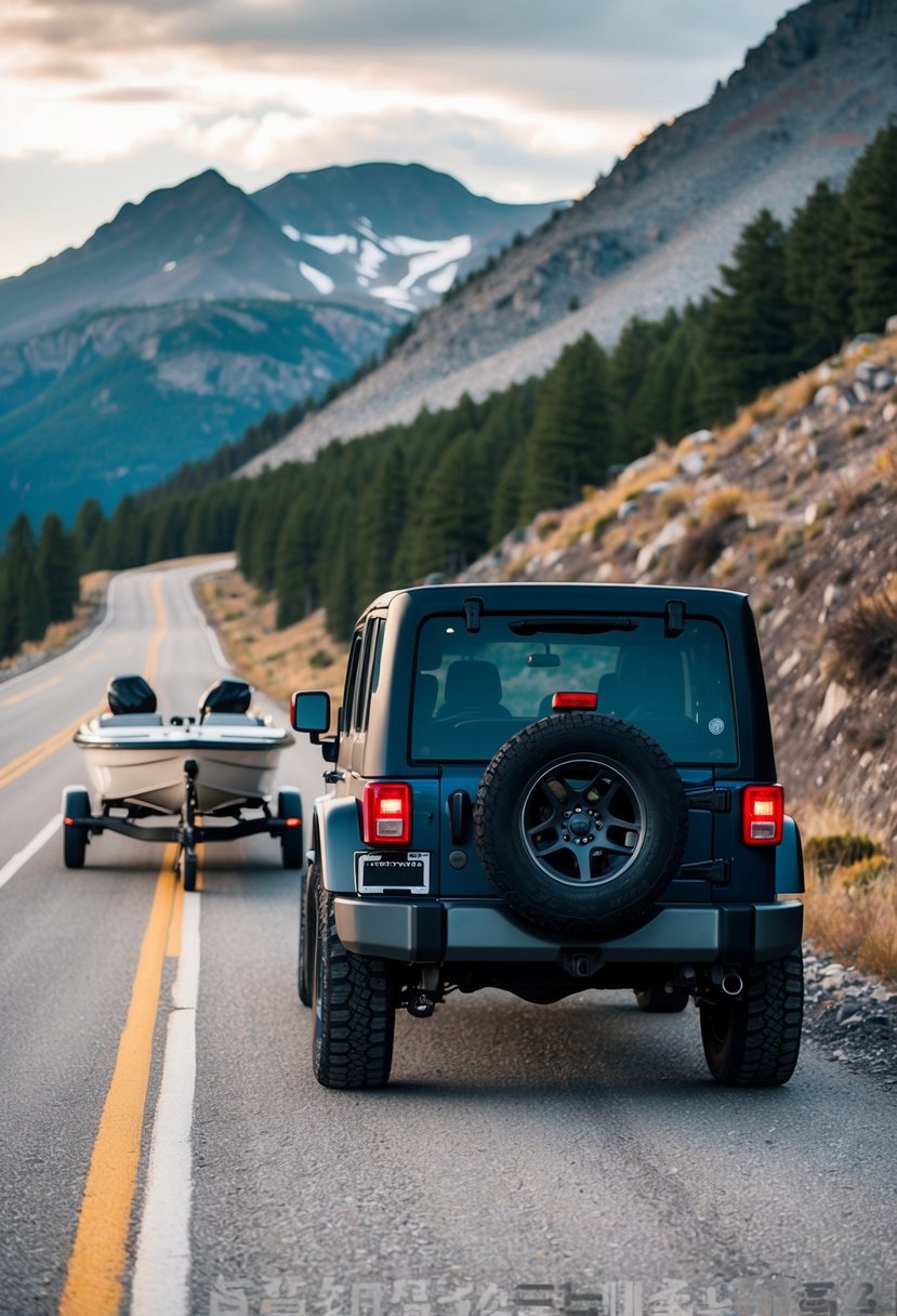 A Jeep Wrangler towing a boat along a rugged mountain road