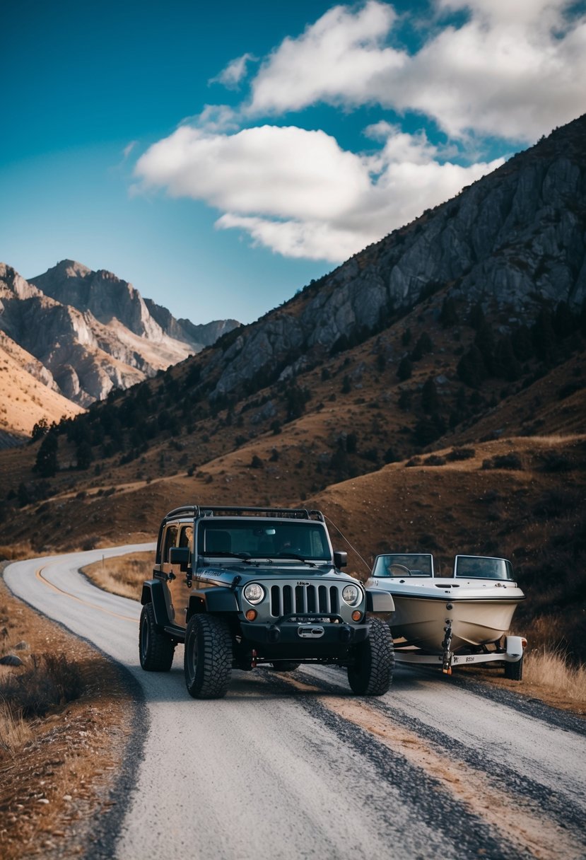 A Jeep Wrangler towing a boat on a rugged mountain road